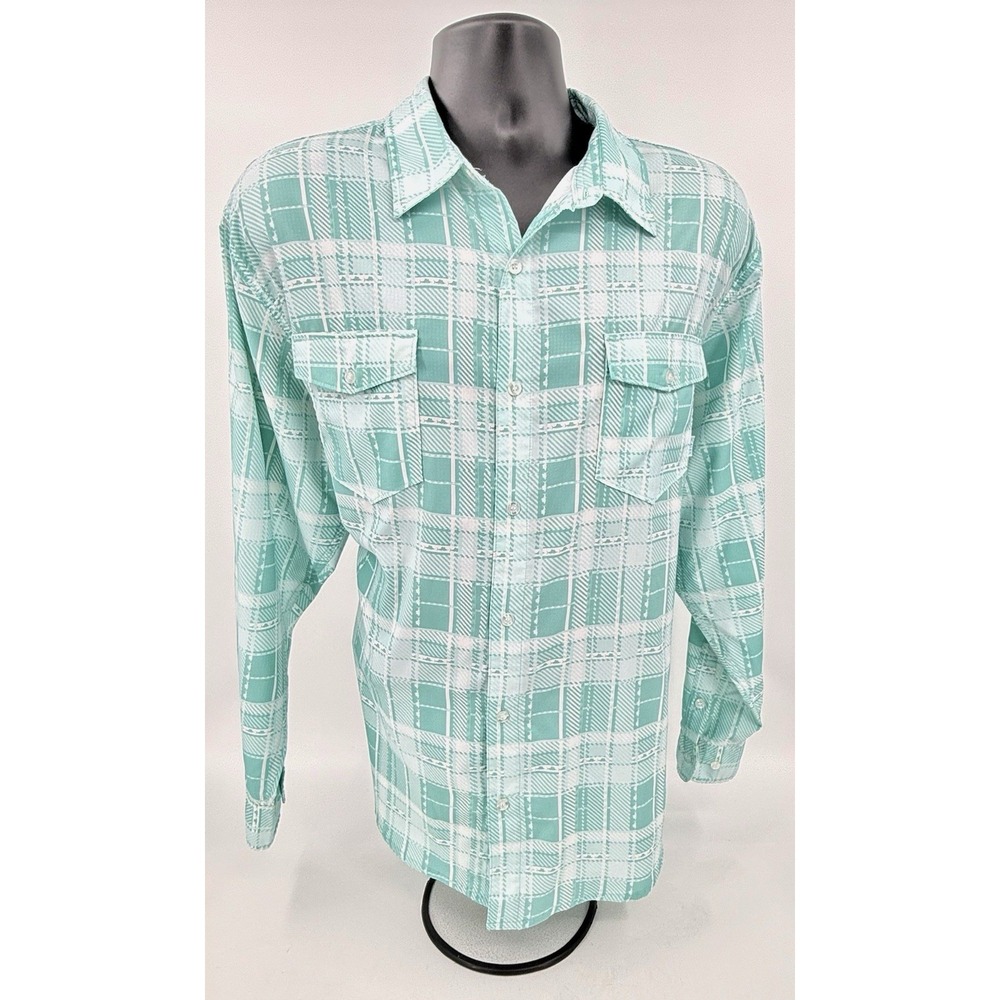 Scales Fish Plaid Vented Performance L/S Roll Up Aqua & White Shirt Mens XL NWOT